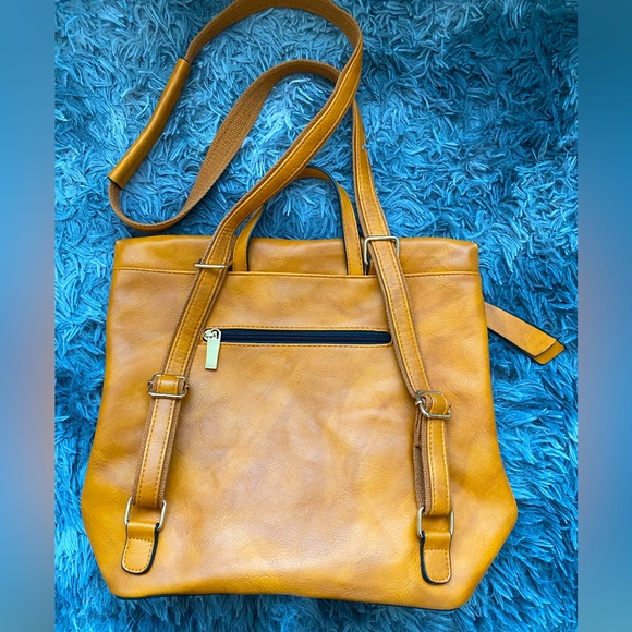 Vegan Leather Backpack Handbag. Unbranded. EUC. Gold Hardware, BRN/Mustard Color - Picture 2 of 8